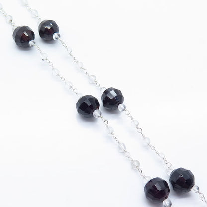925 Sterling Silver Vintage Red Garnet & Clear Quartz Ball Chain Necklace 16"