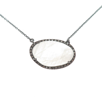 925 Sterling Silver Black Rhodium Real Diamond & Quartz Chain Necklace 16-18"