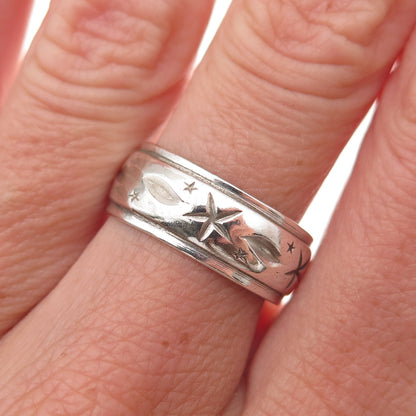Uncas 925 Sterling Silver Antique Art Deco Celestial Oxidized Band Ring Size 8