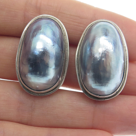 ELYSE 925 Sterling Silver Vintage Real Blue Seashell Oval Clip On Earrings