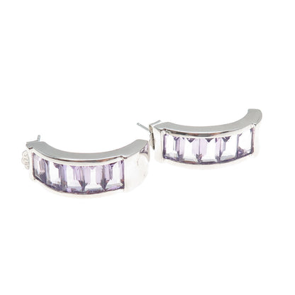 925 Sterling Silver Real Emerald-Cut Amethyst Half Hoop Earrings