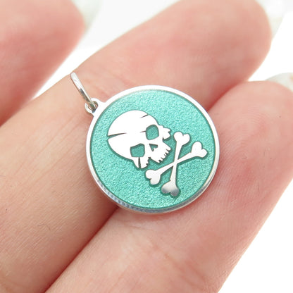 925 Sterling Silver Turquoise Enamel Skull Crossbones Minimalist Charm Pendant