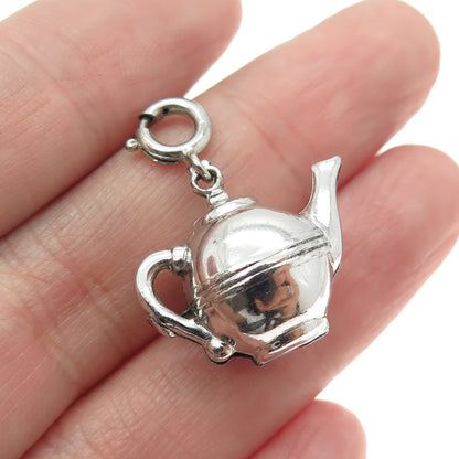 925 Sterling Silver Antique Art Deco Teapot Minimalist Spring Ring Charm Pendant