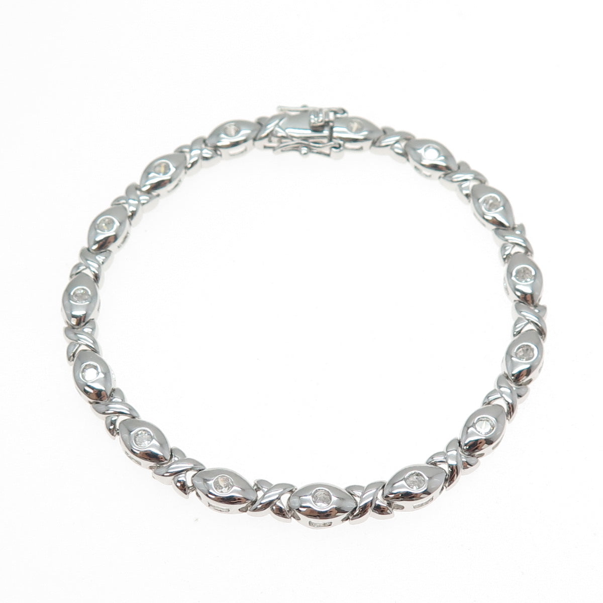 925 Sterling Silver Round-Cut C Z Puffy XO Hugs & Kisses Link Bracelet 7"