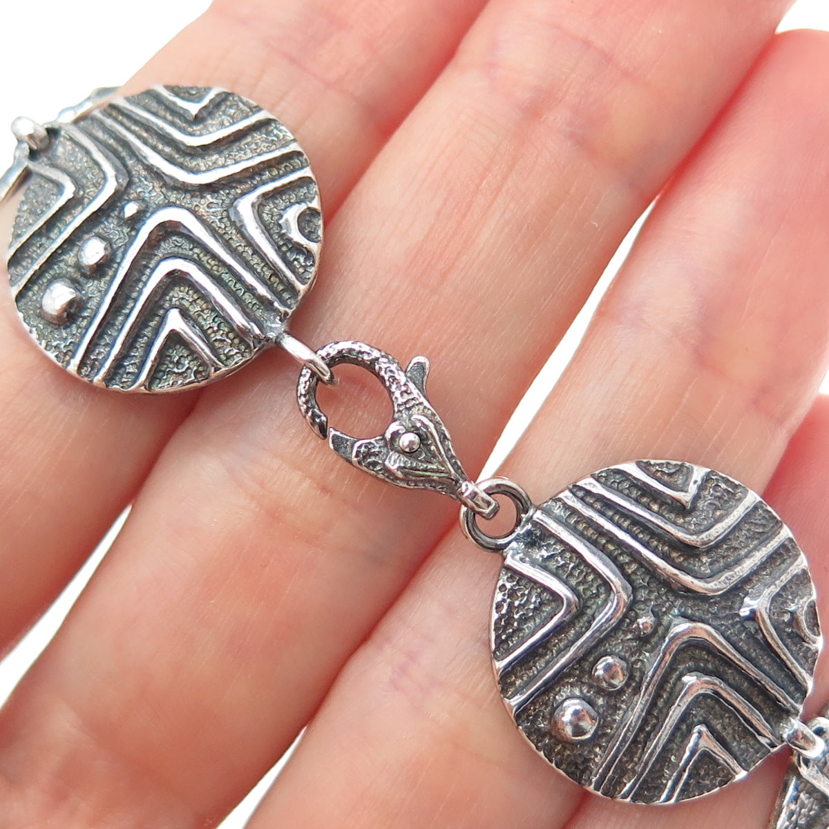 925 Sterling Silver Vintage Modernist Disc Link Oxidized Bracelet 8.25"