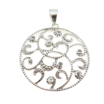 925 Sterling Silver Real Round-Cut Diamond Ornate Round Pendant