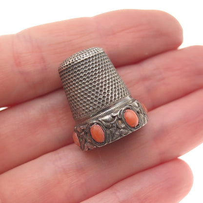 925 Sterling Silver Antique Art Deco Real Coral Sewing Thimble (missing 1 stone)