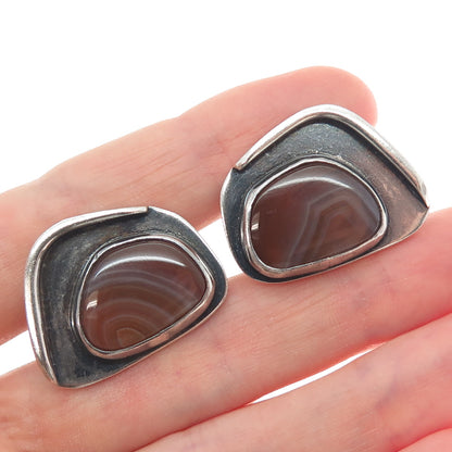 BUD COLIN 925 Sterling Silver Vintage Real Agate Modernist Oxidized Cufflinks