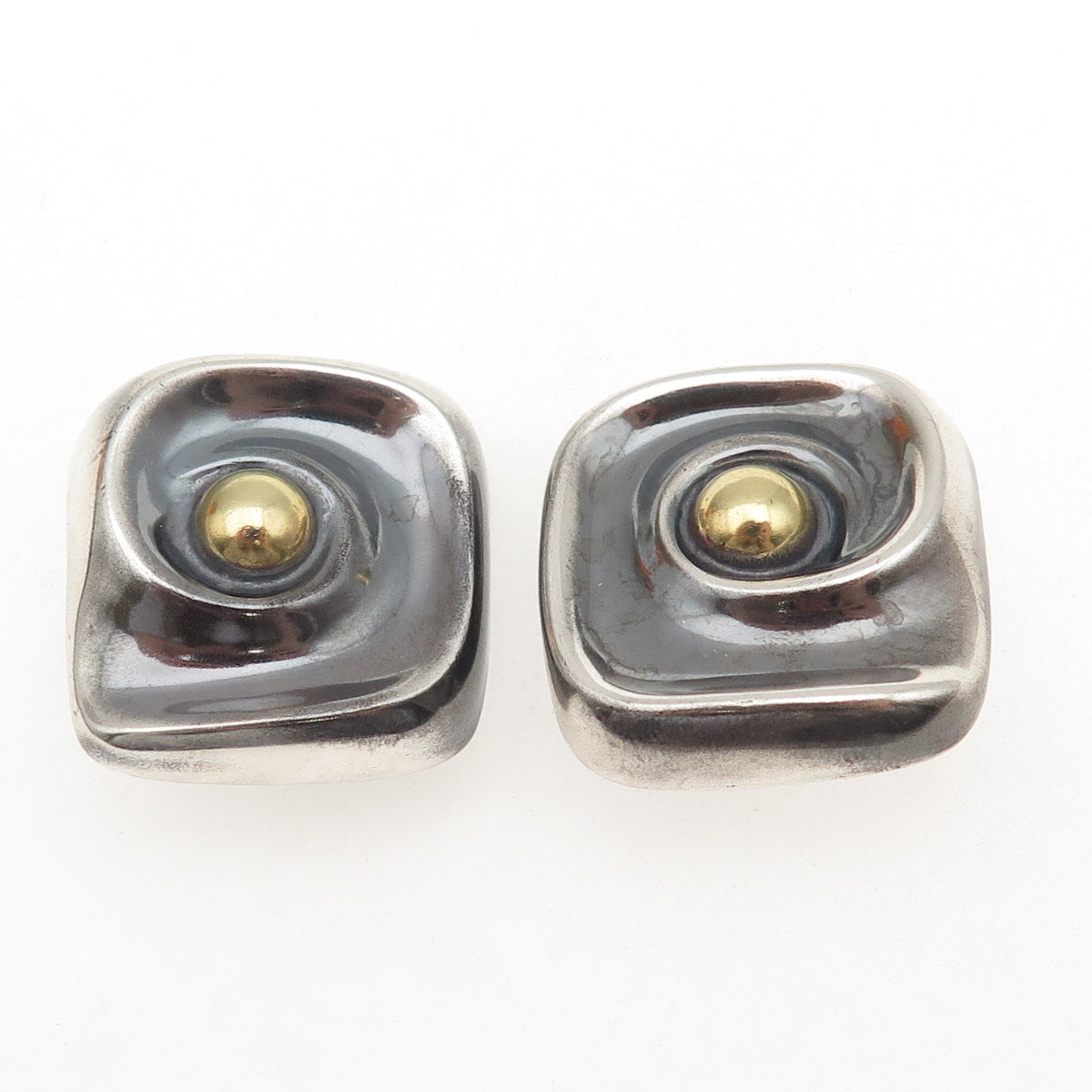 925 Sterling 2-Tone Vintage Mexico Modernist Spiral Oxidized Clip On Earrings