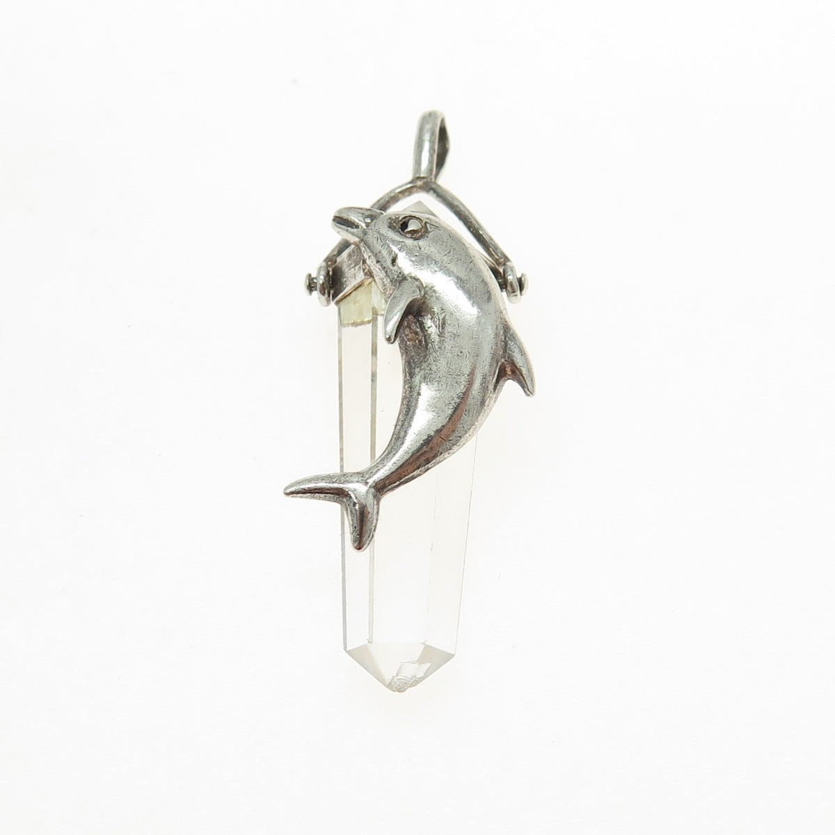 925 Sterling Silver Vintage Clear Quartz Dolphin Amulet Pendant