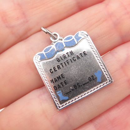 925 Sterling Silver Vintage Enamel Birth Certificate Charm Pendant