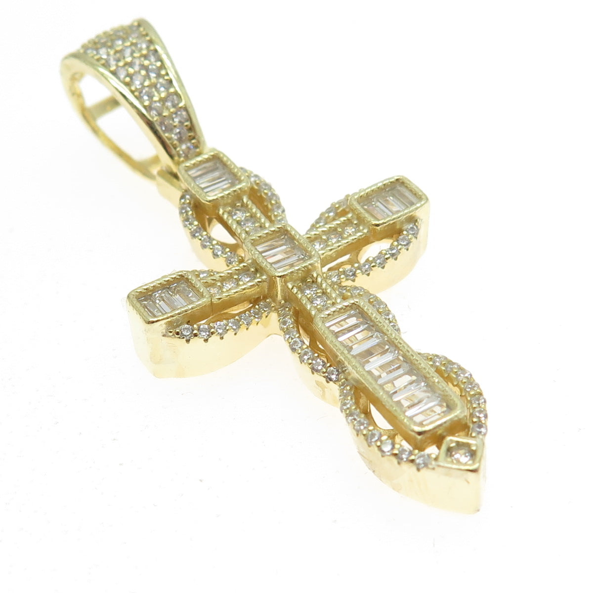 925 Sterling Silver Gold Plated Baguette & Round-Cut Cross Pendant