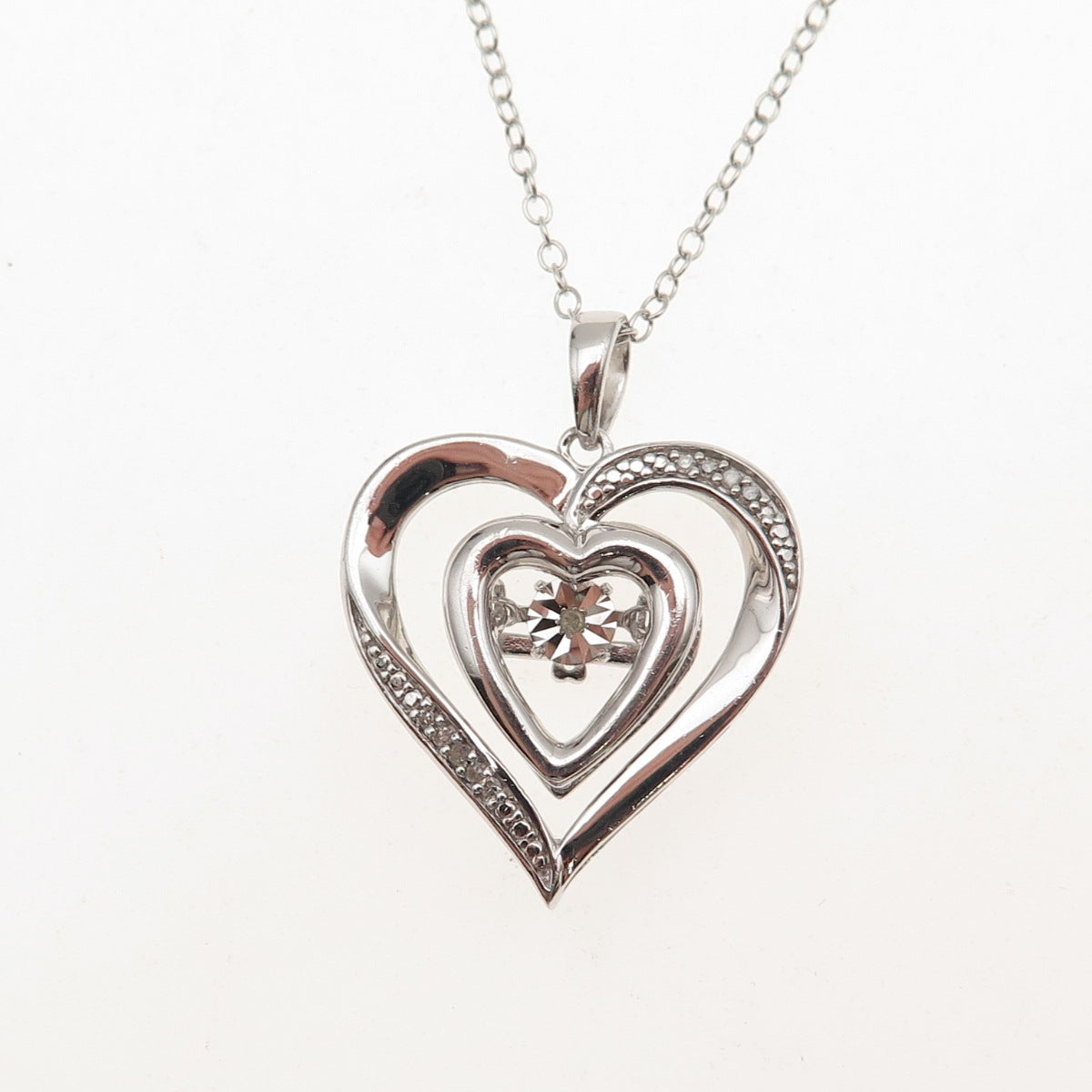 Sun 925 Sterling Silver Real Round-Cut Diamond Heart Cable Chain Necklace 18"