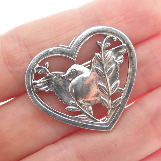 CORO 925 Sterling Silver Vintage Robin Bird Heart Oxidized Pin Brooch