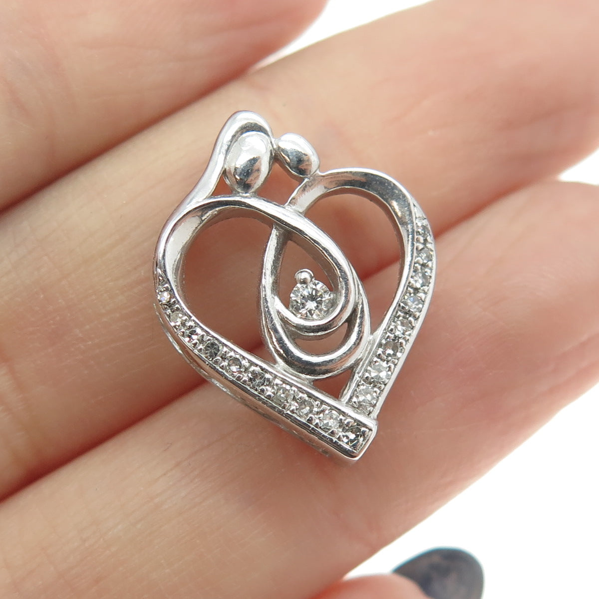 925 Sterling Silver Real Round-Cut Diamond Mom & Child Heart Slide Pendant