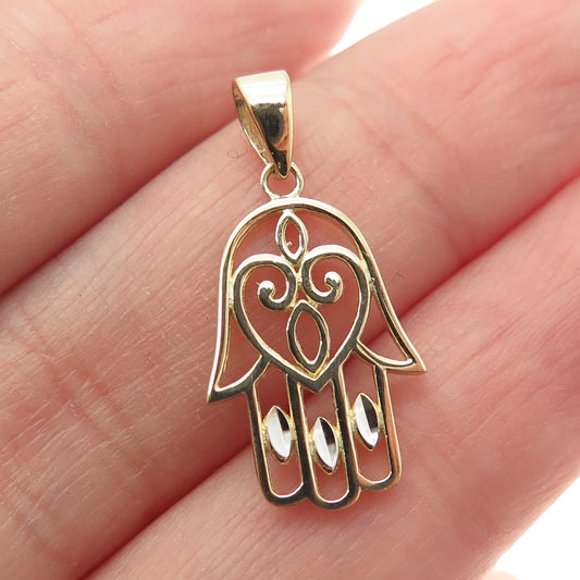 14K Yellow & White Gold Diamond-Cut Heart Hamsa Amulet Minimalist Charm Pendant