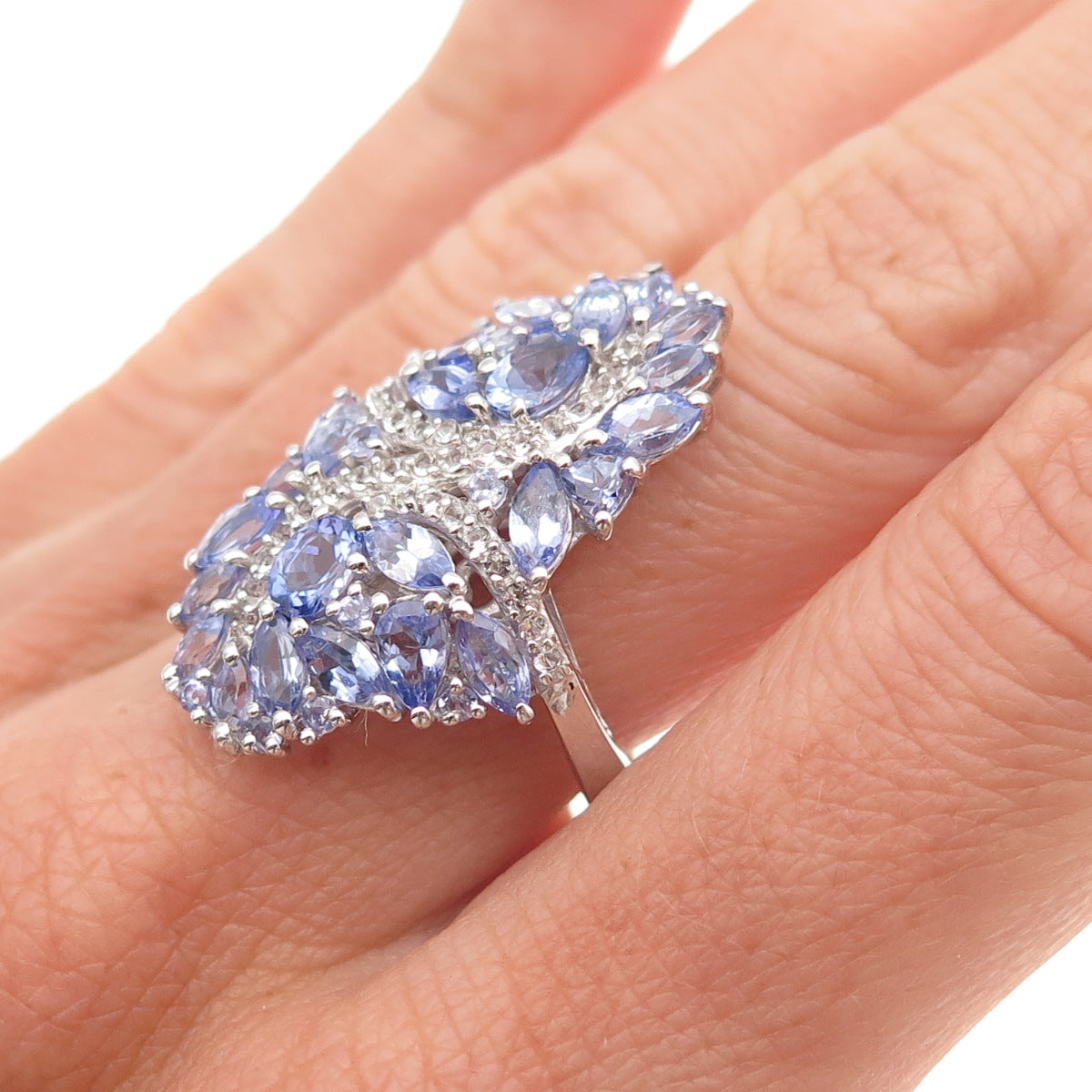 Chuck Clemency 925 Sterling Silver Real Tanzanite & White Topaz Ring Size 7.25