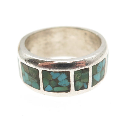 Old Pawn Sterling Silver Vintage Southwestern Turquoise Inlay Band Ring Size 6.5