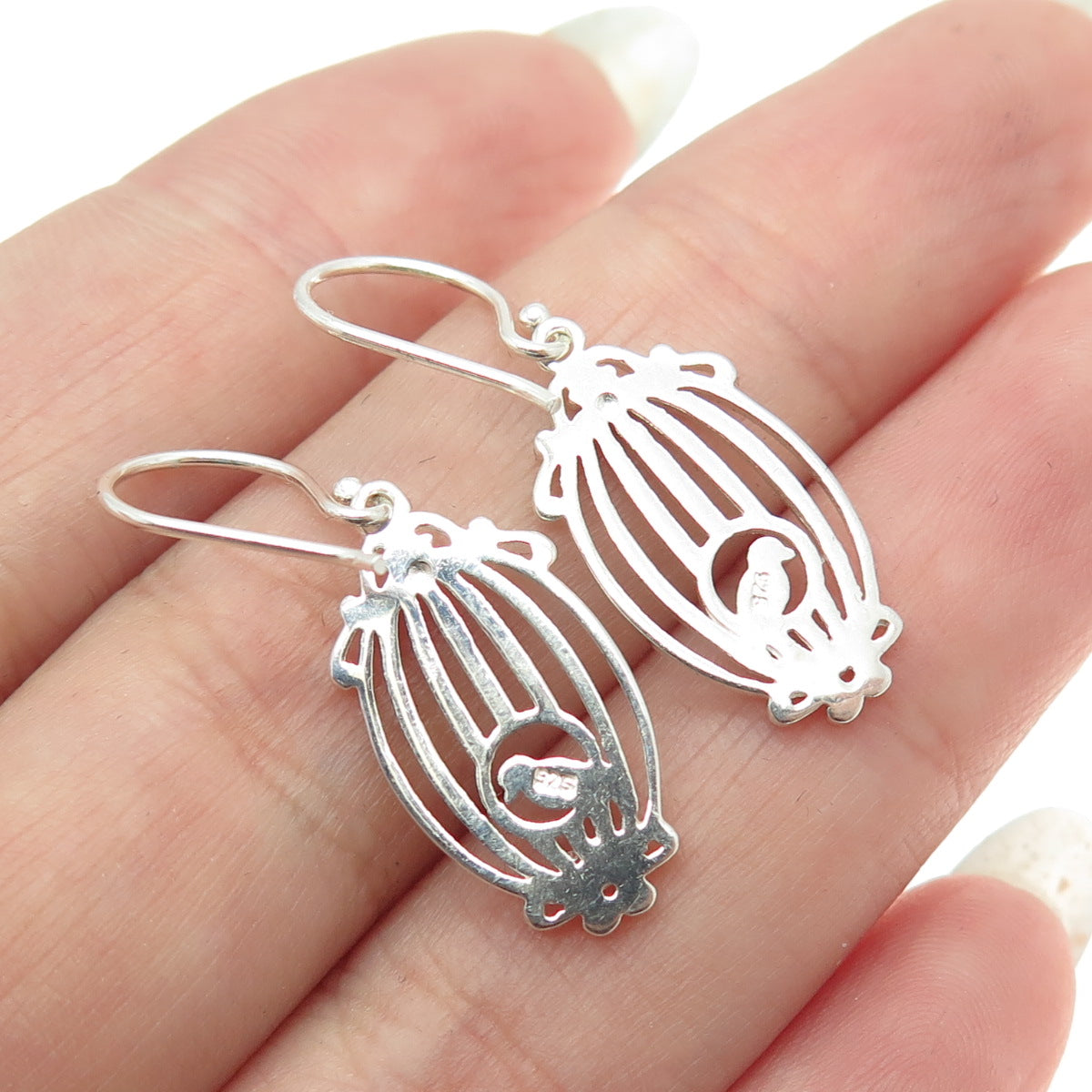 925 Sterling Silver 2-Tone Bird Cage Dangling Earrings