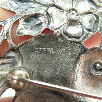 925 Sterling Silver Vintage Bird Couple Floral Blossom Pin Brooch