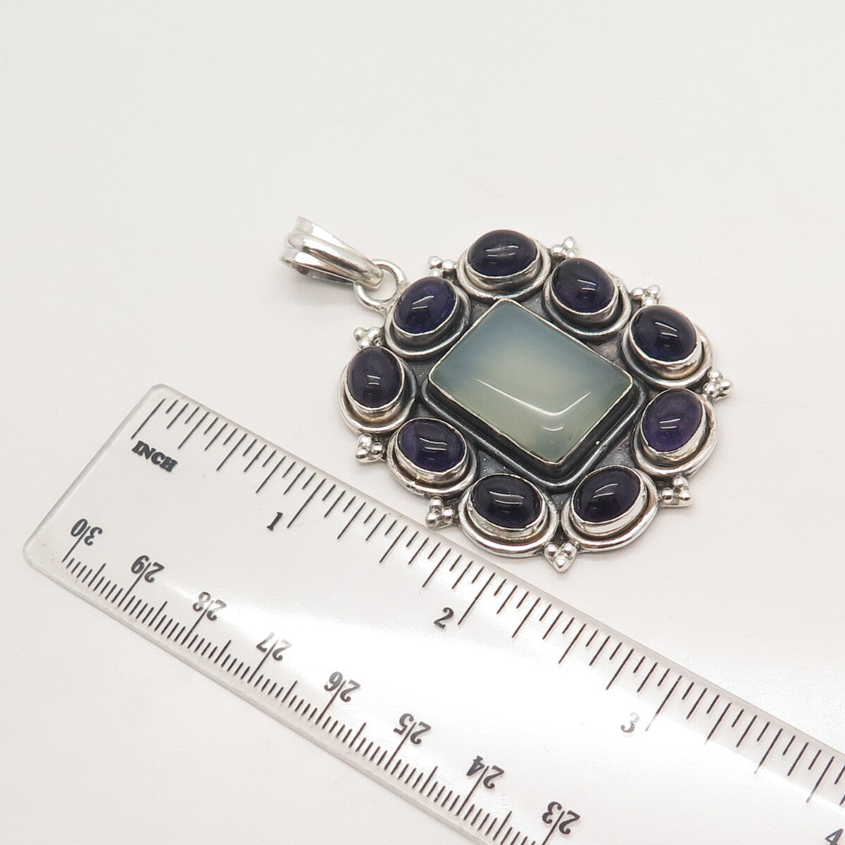 925 Sterling Silver Vintage Real Amethyst & Blue Chalcedony Gem Beaded Pendant