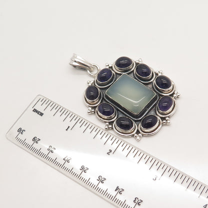 925 Sterling Silver Vintage Real Amethyst & Blue Chalcedony Gem Beaded Pendant