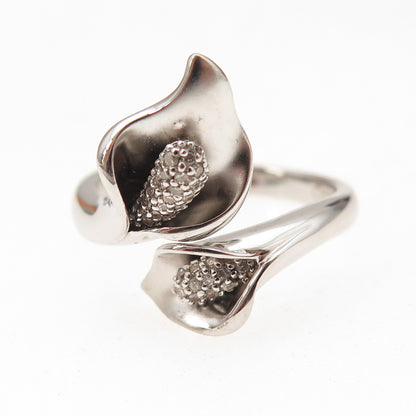 925 Sterling Silver Real Diamond Calla Lily Adjustable Ring Size 8.25