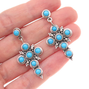 925 Sterling Silver Vintage Real Turquoise Cross Oxidized Dangle Earrings