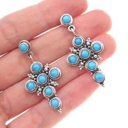 925 Sterling Silver Vintage Real Turquoise Cross Oxidized Dangle Earrings