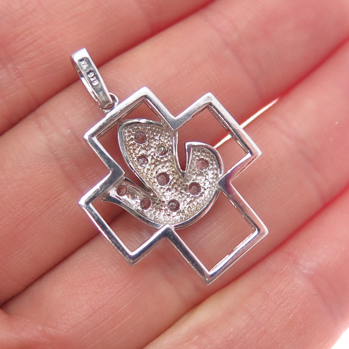 925 Sterling Silver Vintage Round-Cut C Z Holy Spirit Cross Charm Pendant