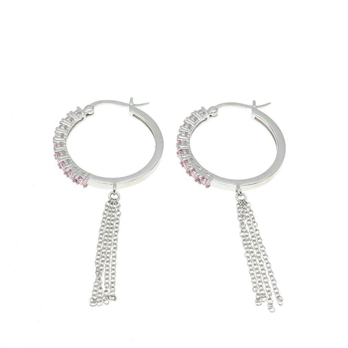 925 Sterling Silver Round-Cut Pink C Z Tassel Hoop Earrings