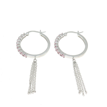 925 Sterling Silver Round-Cut Pink C Z Tassel Hoop Earrings