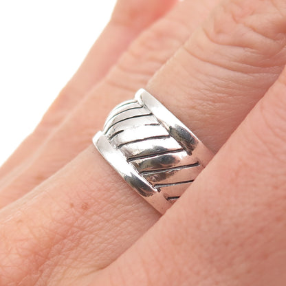 925 Sterling Silver Vintage Modernist Ribbed Oxidized Wide Band Ring Size 6.75