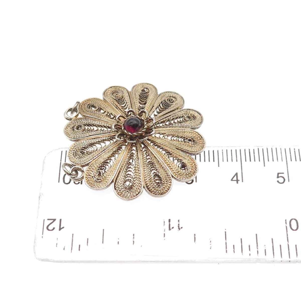 925 Sterling Gold Plated Vintage Real Garnet Filigree Flower Centerpiece Pendant