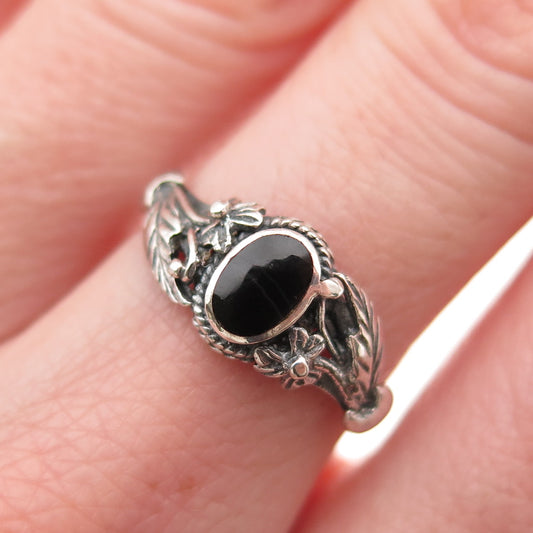 925 Sterling Silver Vintage Real Black Onyx Floral Oxidized Ring Size 6.75