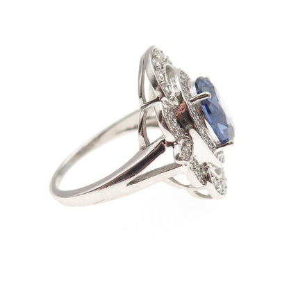 925 Sterling Silver Oval-Cut Blue & Round-Cut White C Z Ring Size 8