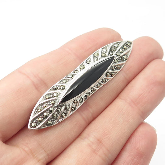 925 Sterling Silver Vintage Black Onyx & Marcasite Gem Art-Deco-Style Pin Brooch