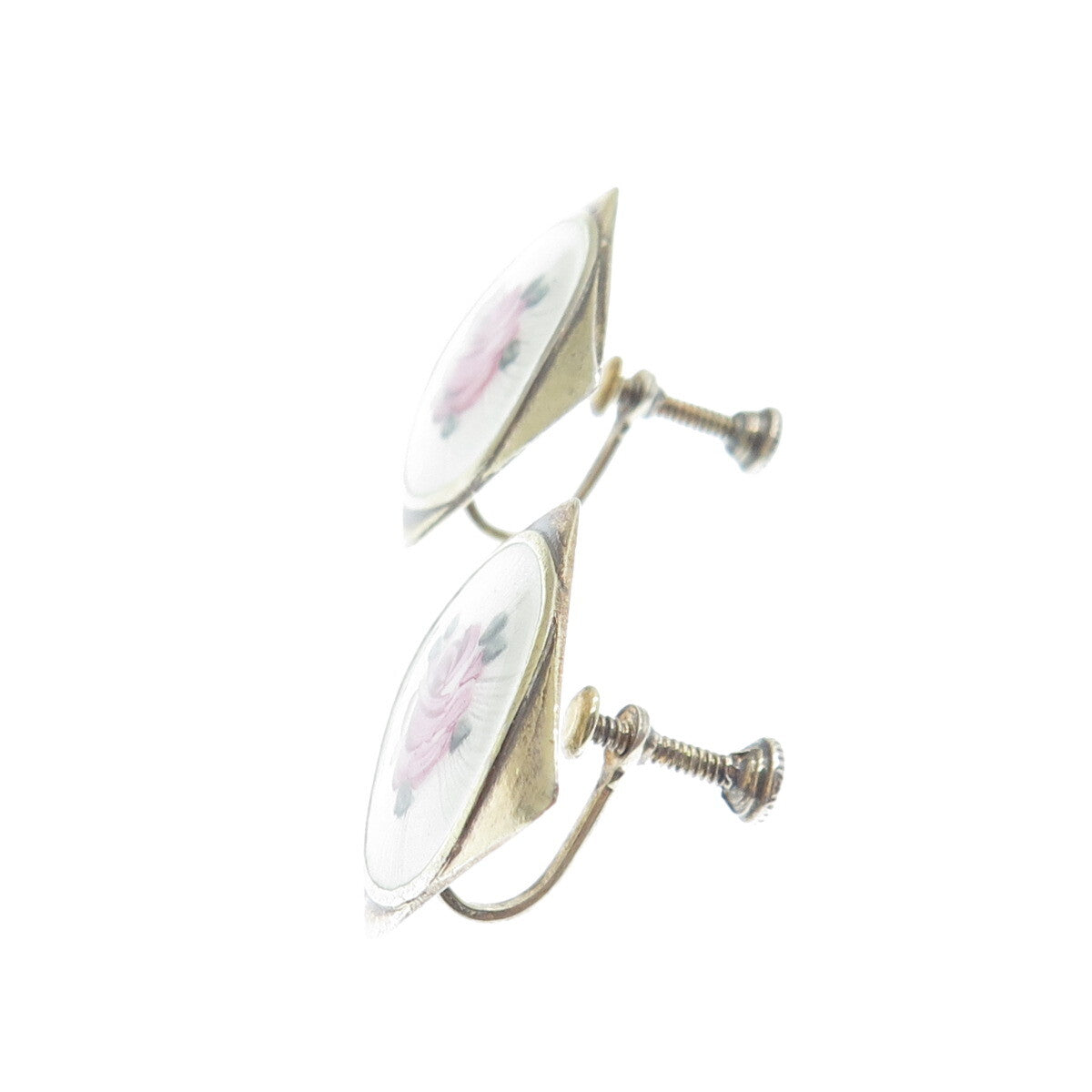 925 Sterling Silver Antique Colorful Enamel Rose Floral Screw Back Earrings