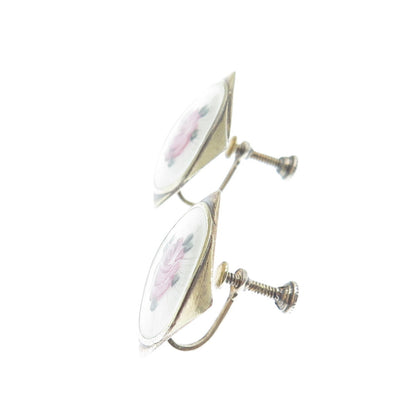 925 Sterling Silver Antique Colorful Enamel Rose Floral Screw Back Earrings