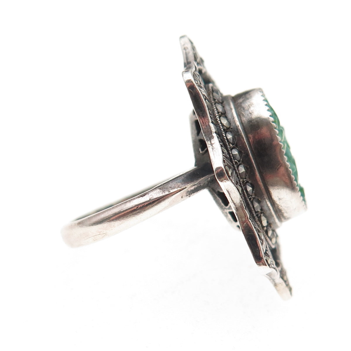 925 Sterling Silver Antique Art Deco Real Jade & Marcasite Oxidized Ring Size 6