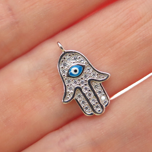 925 Sterling Silver Enamel Round-Cut C Z Hamsa Amulet Minimalist Charm Pendant