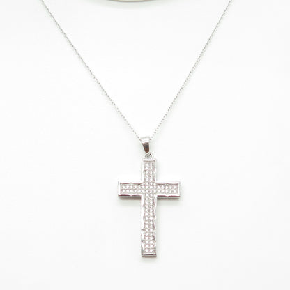 925 Sterling Silver Round-Cut C Z Sparkle Cross Cable Chain Necklace 17-19"