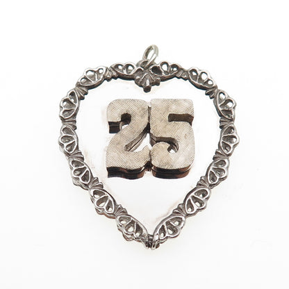 925 Sterling Silver Vintage 25th Anniversary Heart Charm Pendant