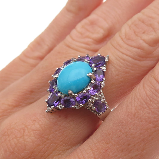 Chuck Clemency 925 Sterling Silver Real Turquoise & Amethyst Ring Size 8.25