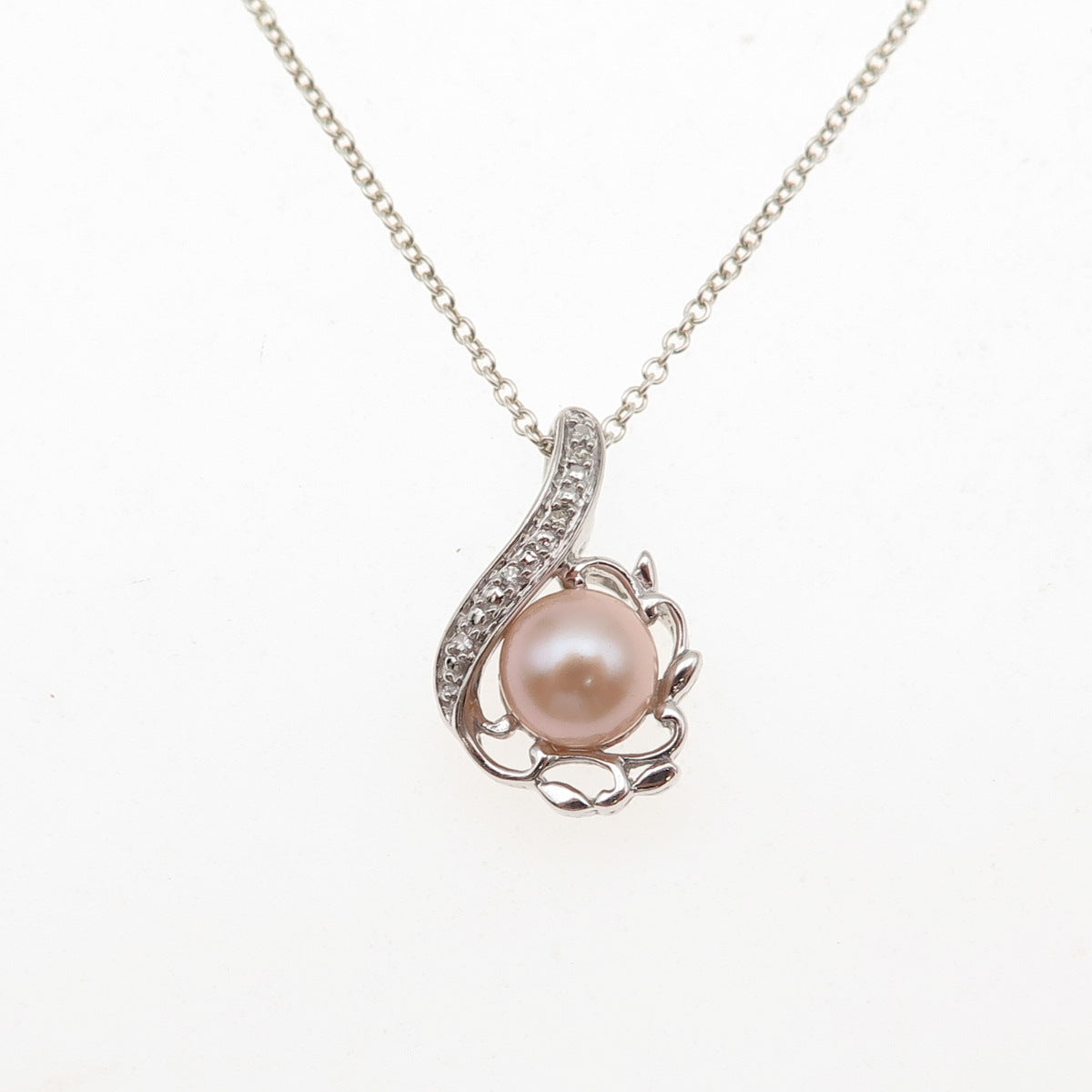 925 Sterling Silver Real Round-Cut Diamond & Pearl Cable Chain Necklace 18"