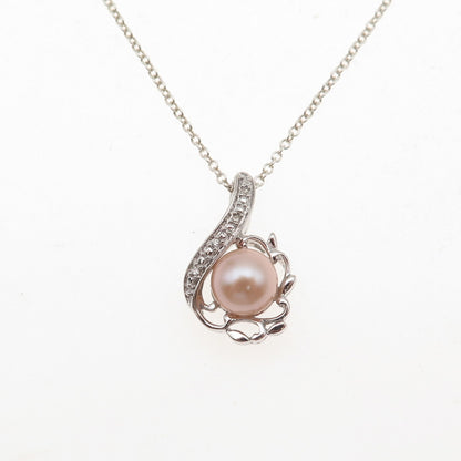 925 Sterling Silver Real Round-Cut Diamond & Pearl Cable Chain Necklace 18"