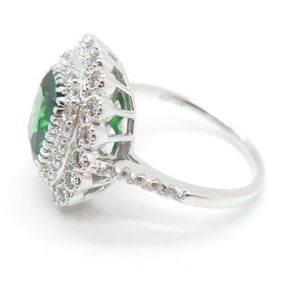 925 Sterling Silver Green Octagon-Cut & White Round-Cut Shaped C Z Ring Size 8
