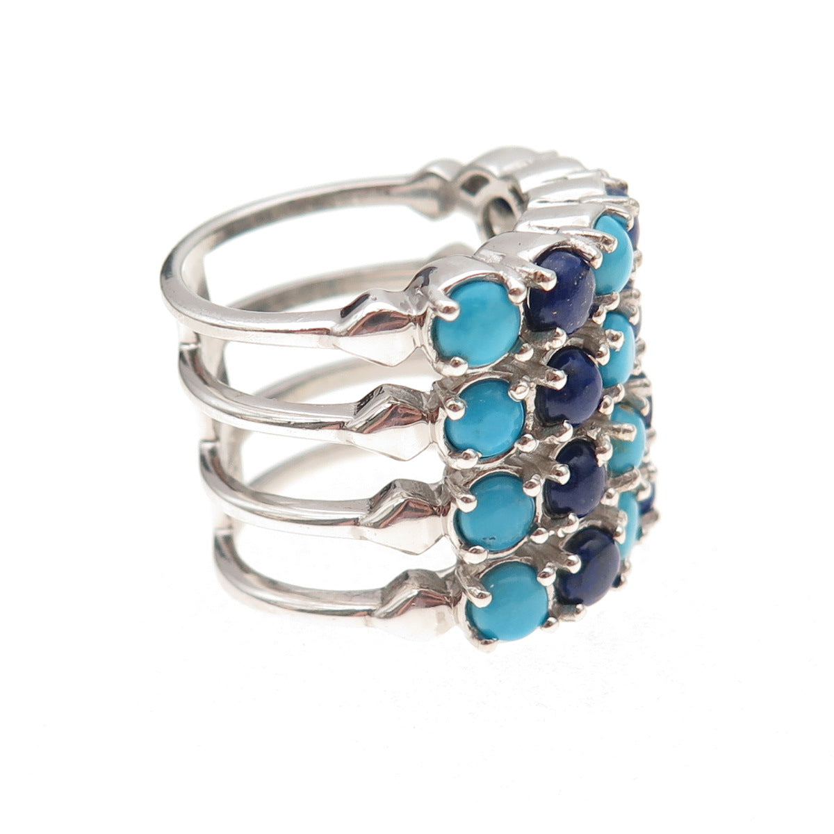 Chuck Clemency 925 Sterling Silver Real Turquoise & Lapis 4-Row Ring Size 8.25