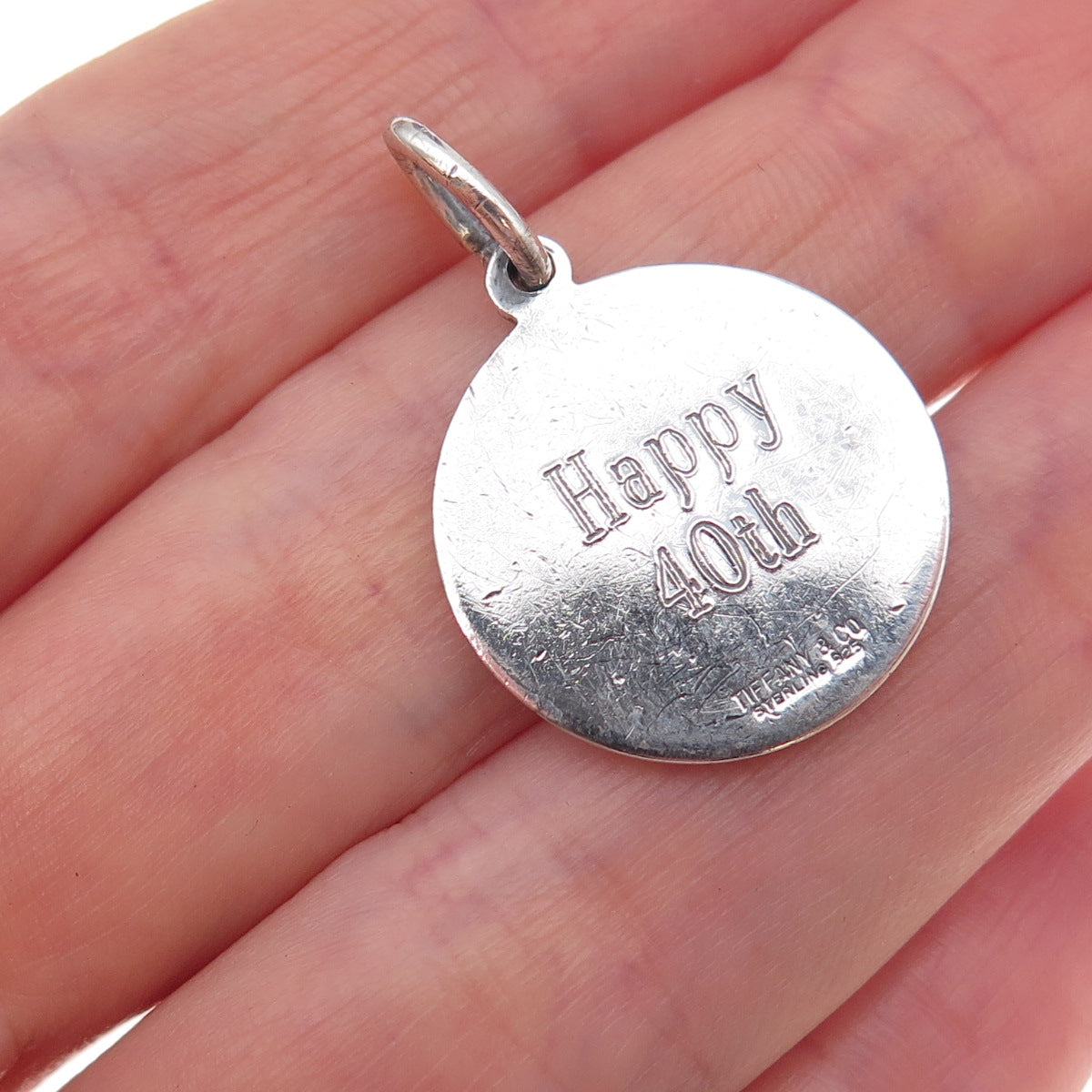 Tiffany & Co. 925 Sterling Silver Vintage Engraved Round Tag Charm Pendant