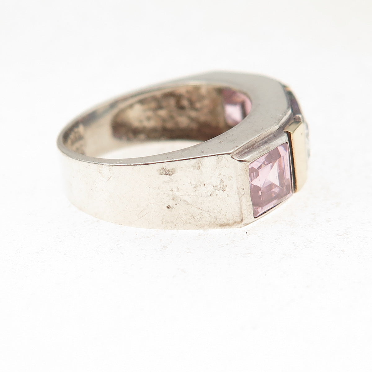 Classique 925 Sterling Silver 14K Gold Vintage White & Pink C Z Ring Size 6.25